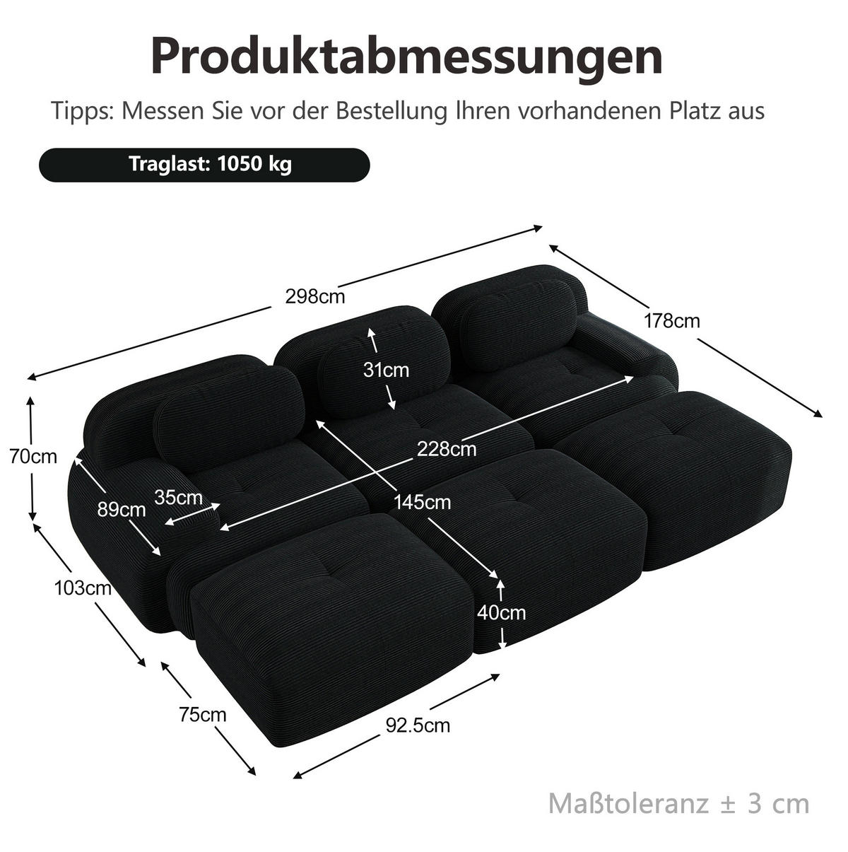 MODULARES Ecksofa aus Cordstoff Schwarz 298x178x70 cm mit Hockern und geschwungenen Armlehnen - Schwarz, Textil (178/298cm) - IVMEU