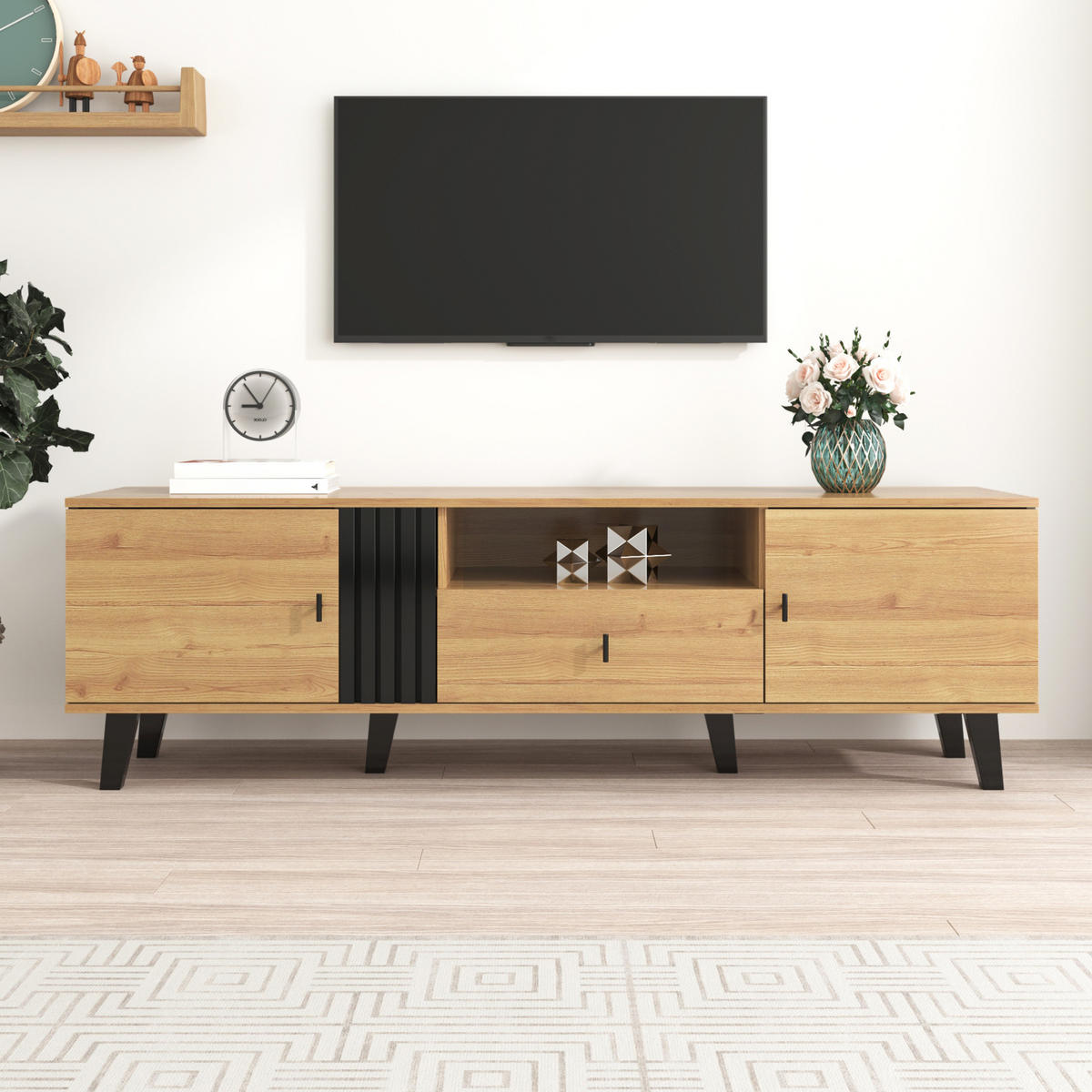 TV-SCHRANK mit Holz- und Schwarzdesign 170/40/50.5 cm - Naturfarben, Holzwerkstoff (170/50.5/40cm) - Redom