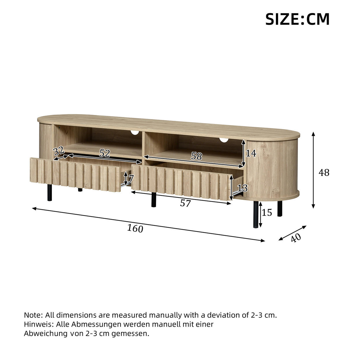 TV-LOWBOARD 160x40x48 cm Naturholz 2 Schränke 2 Schubladen - Naturfarben, Holzwerkstoff (40/48/160cm) - FLIEKS