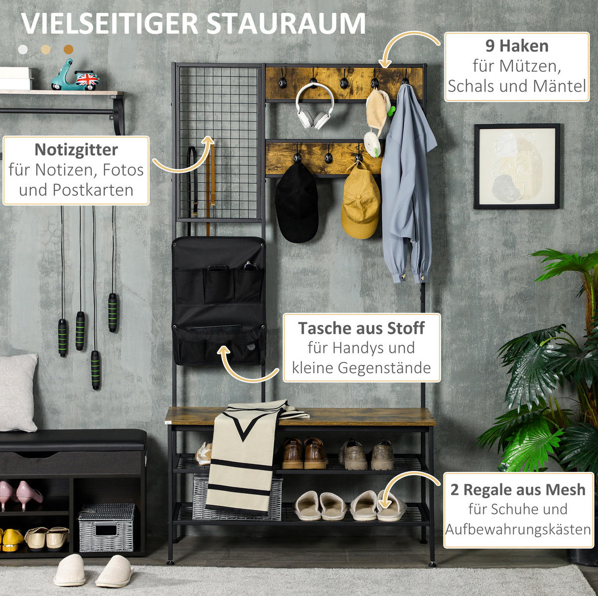 GARDEROBE 100/40/185 cm braun mit Sitzbank und 9 Haken - Braun, Holzwerkstoff (100/185/40cm) - OKWISH