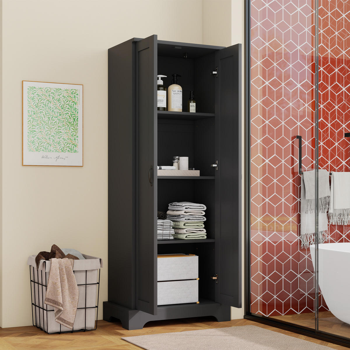 HOCHSCHRANK 56/40/170 cm Schwarz mit Doppeltüren und 4 Ablageflächen - Schwarz, Holz/Holzwerkstoff (40/170/56cm) - Oxeza