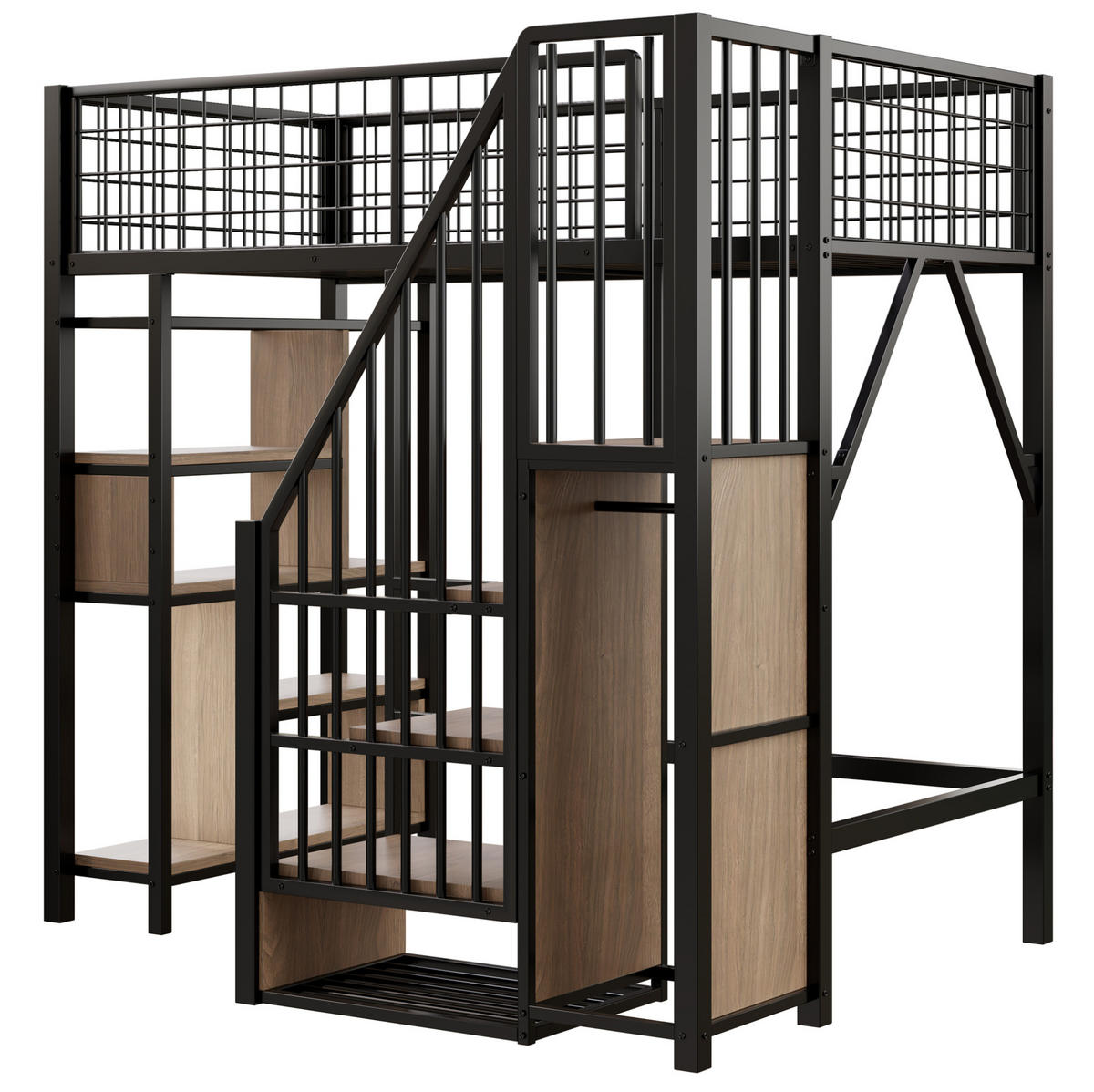 HOCHBETT 90/200 cm aus Metall und Holz mit Stauraumtreppe, Schwarz - Schwarz, Metall (90/200cm) - Flora Grace