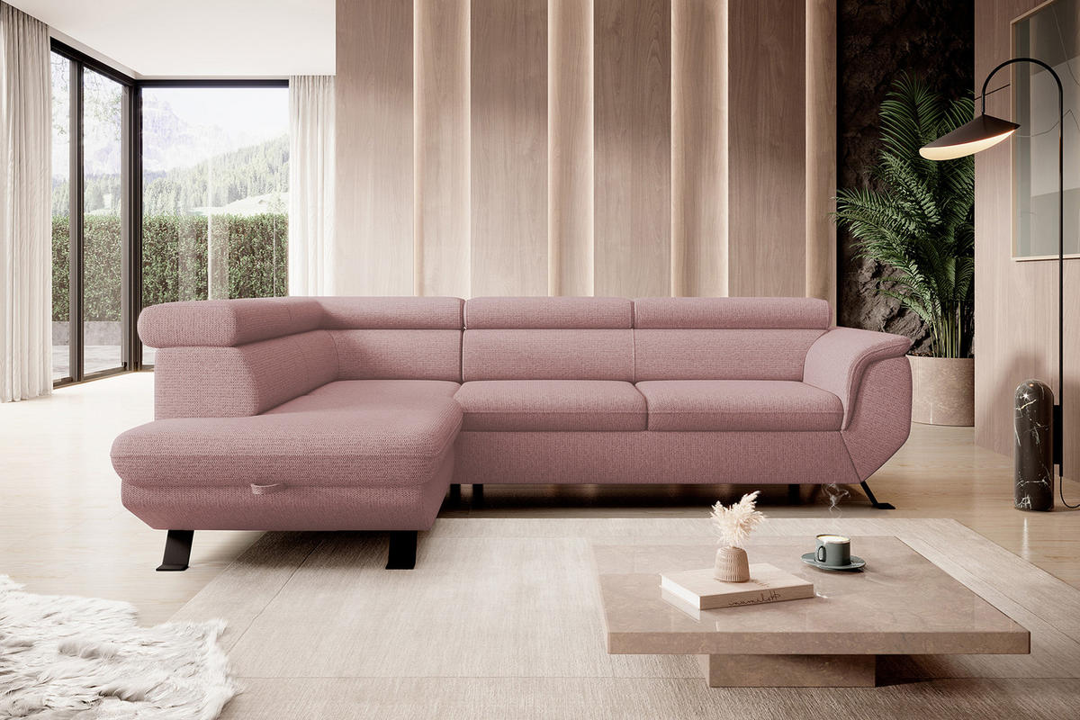 ECKSOFA RAVEN L mit Schlaffunktion und Bettkasten, Freistehend, Polstersofa mit Verstellbaren Kopfstützen, 257x198x96 cm, Linke, Puderrosa - Rosa, Holz/Textil (198/256cm) - DomoHome