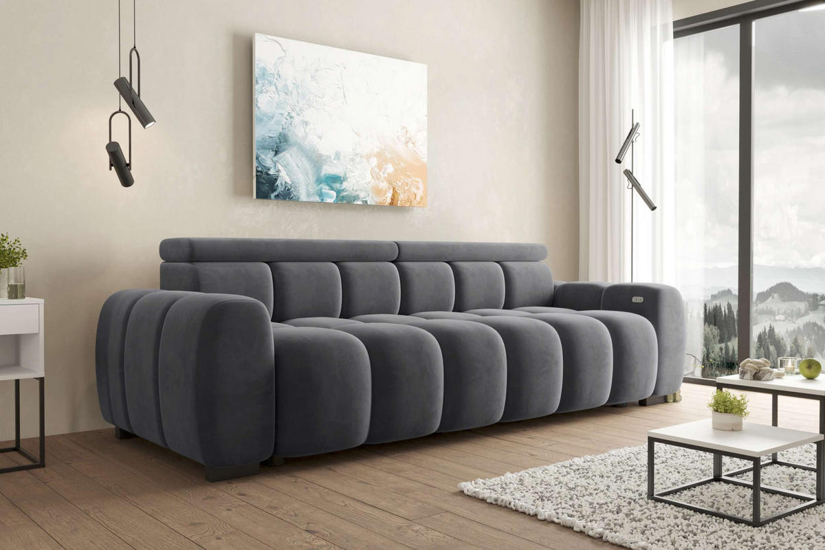 BIGSOFA ALESSIO Velours Anthrazit mit elektrischer Sitztiefenverstellung - Anthrazit, Kunststoff/Textil (248/77/108cm) - 99rooms