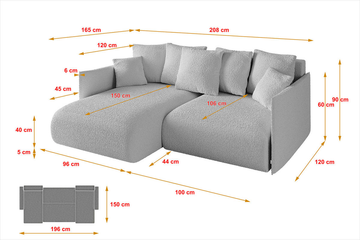 ECKSOFA mit Schlaffunktion und Bettkasten ONESK-L 208x165x40 Hellgrau Bouclé - Hellgrau, Holzwerkstoff/Kunststoff (208/165cm) - ALTDECOR