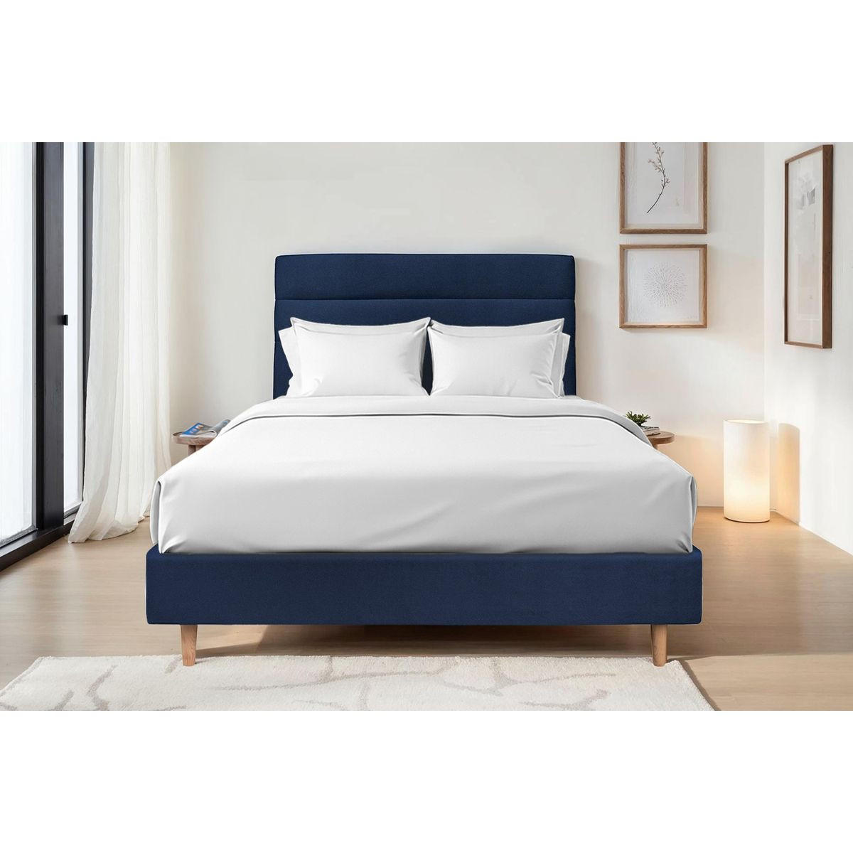 KOPFTEIL Modell Linien – Ozeanblauer Samtstoff 200 cm - Beige/Dunkelblau, Karton/Holz (200/120/10cm) - Sommeil de Plomb