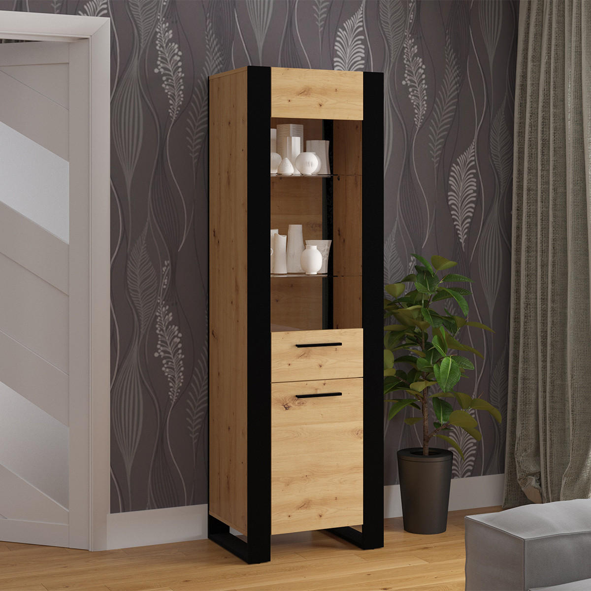VITRÍNA Nouka Dřevo a černá - černá, kompozitní dřevo (58/188/45cm) - Petits-meubles
