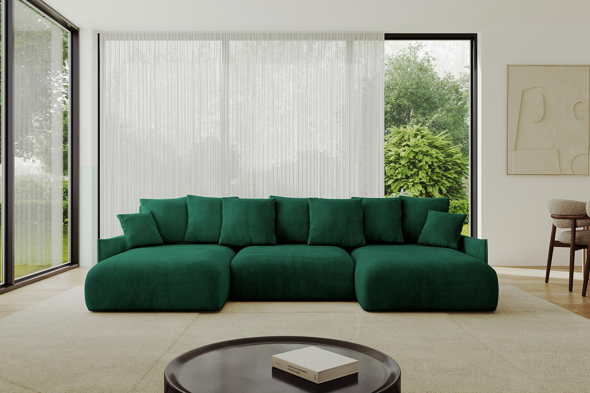 WOHNLANDSCHAFT mit Schlaffunktion und Bettkasten ONESK-U-v1 304x165x40 Dunkelgrün Velours - Dunkelgrün, Holzwerkstoff/Kunststoff (304/90/165cm) - ALTDECOR