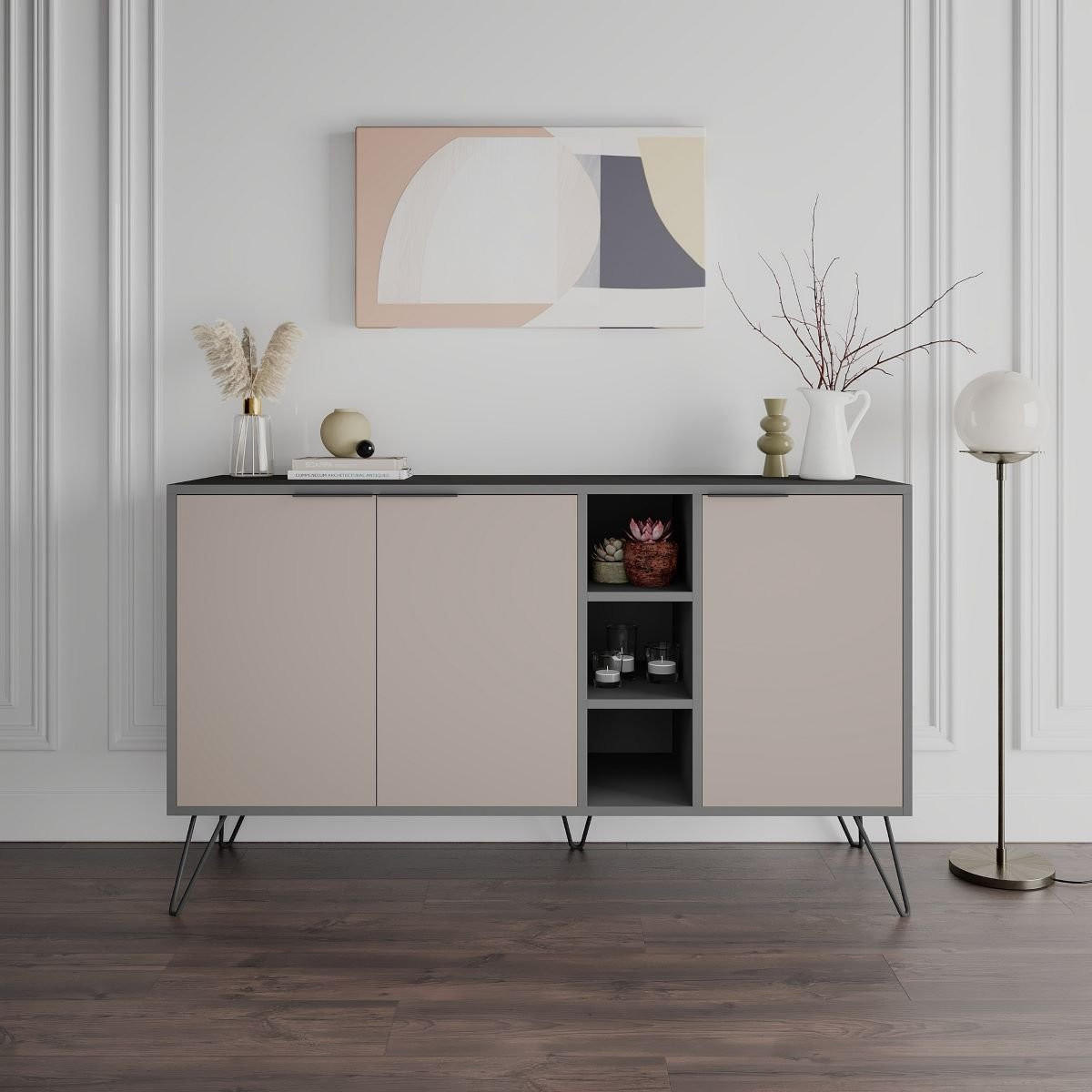 SIDEBOARD 3 Nischen und 3 Türen L142 cm - Clara - Taupe, Holzwerkstoff (35.6/83/142cm) - Calicosy