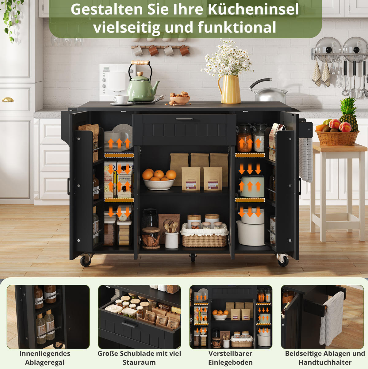 KÜCHENINSEL 120/45(70)/95 cm aus MDF mit klappbarer Arbeitsplatte Schwarz - Schwarz, Holzwerkstoff (120/95/70cm) - Modenvie