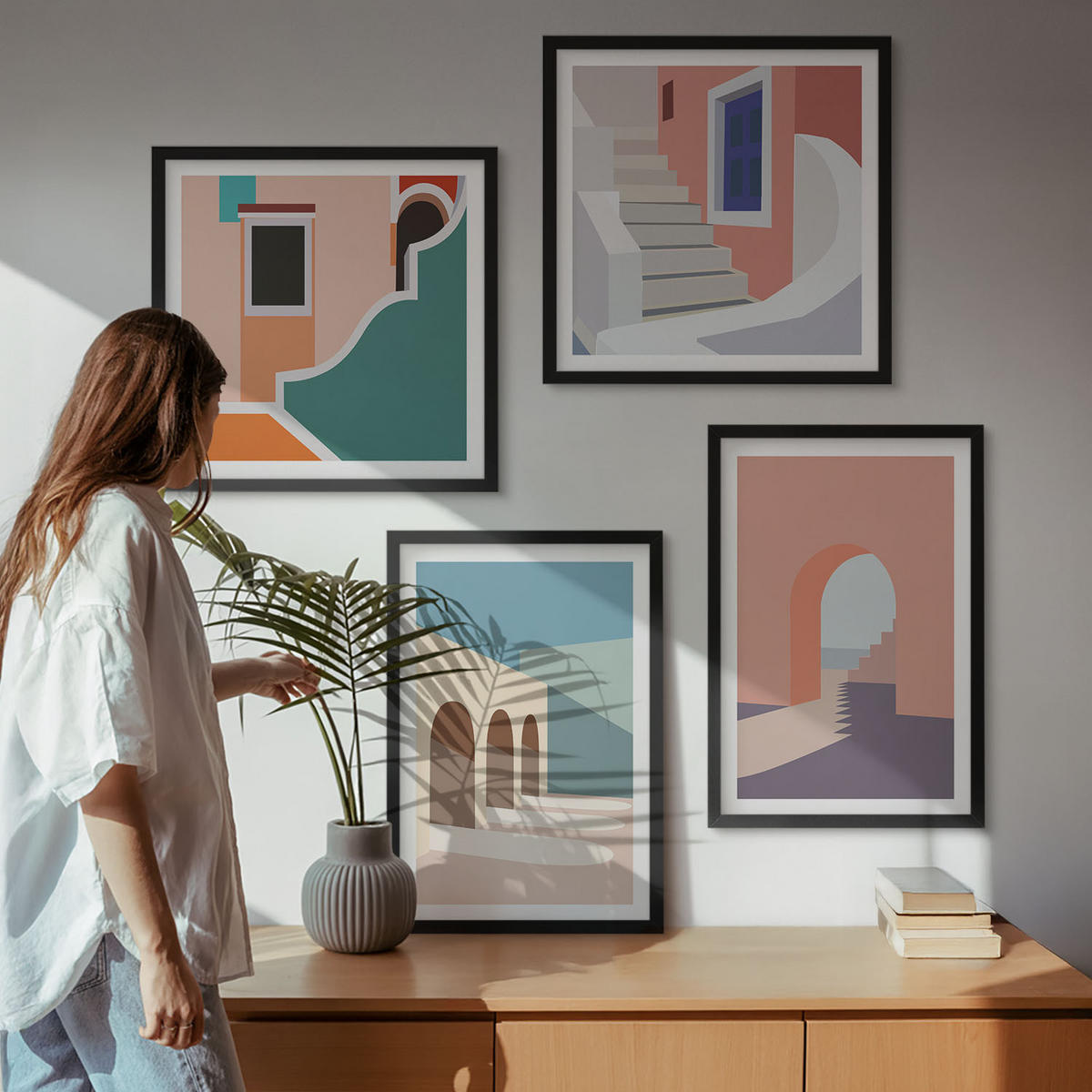 BILDER SET 4er Set - 50x50 cm & 40x60 cm Schwarzer Rahmen - Minimalistische Pastellgrafiken - Schwarz, Kunststoff (50/50cm) - TULUP
