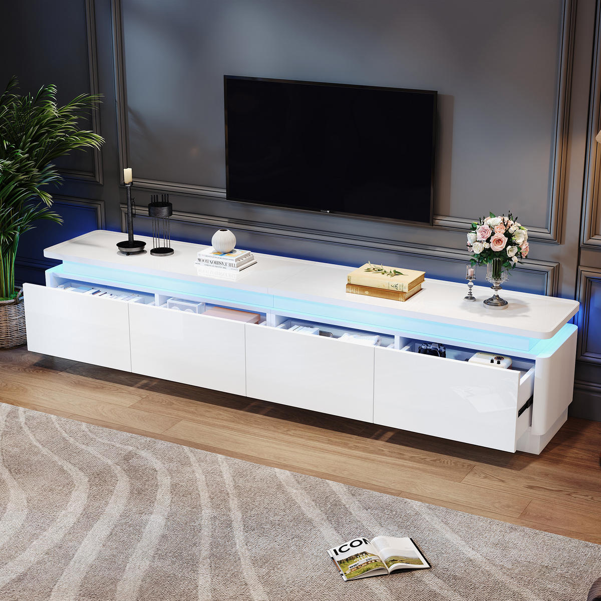 TV-LOWBOARD 180x34x40 cm Weiß LED 4 Schubladen Hochglanz - Weiß, Holzwerkstoff (34/40/180cm) - FLIEKS