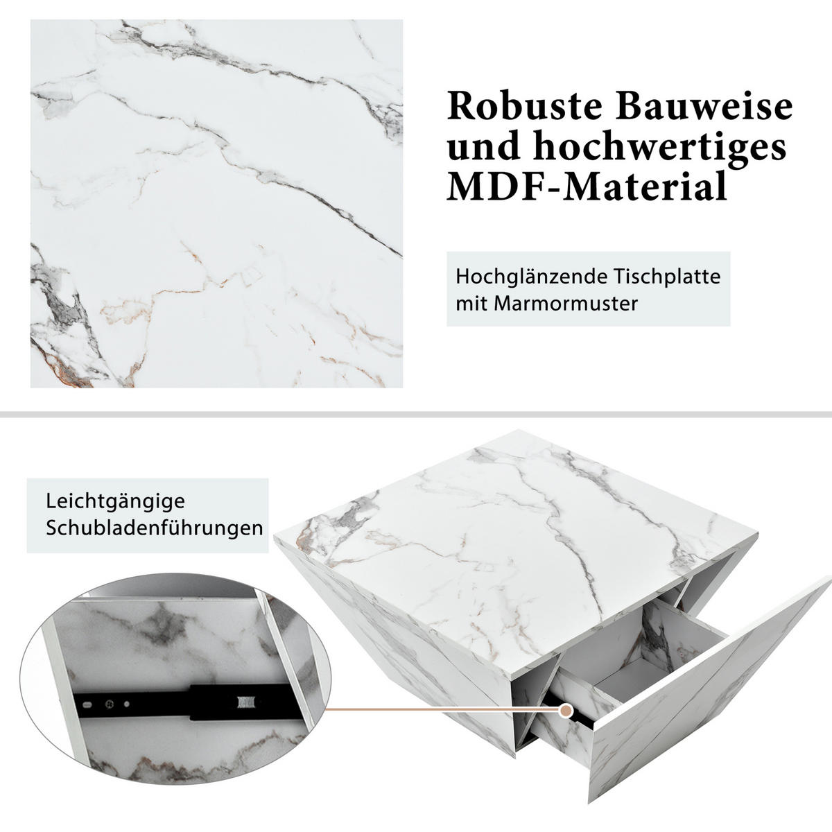 COUCHTISCH aus MDF 70x70x37 cm Weiß mit Marmormuster und 2 Schubladen - Weiß, Holzwerkstoff (70/70/37cm) - IVMEU
