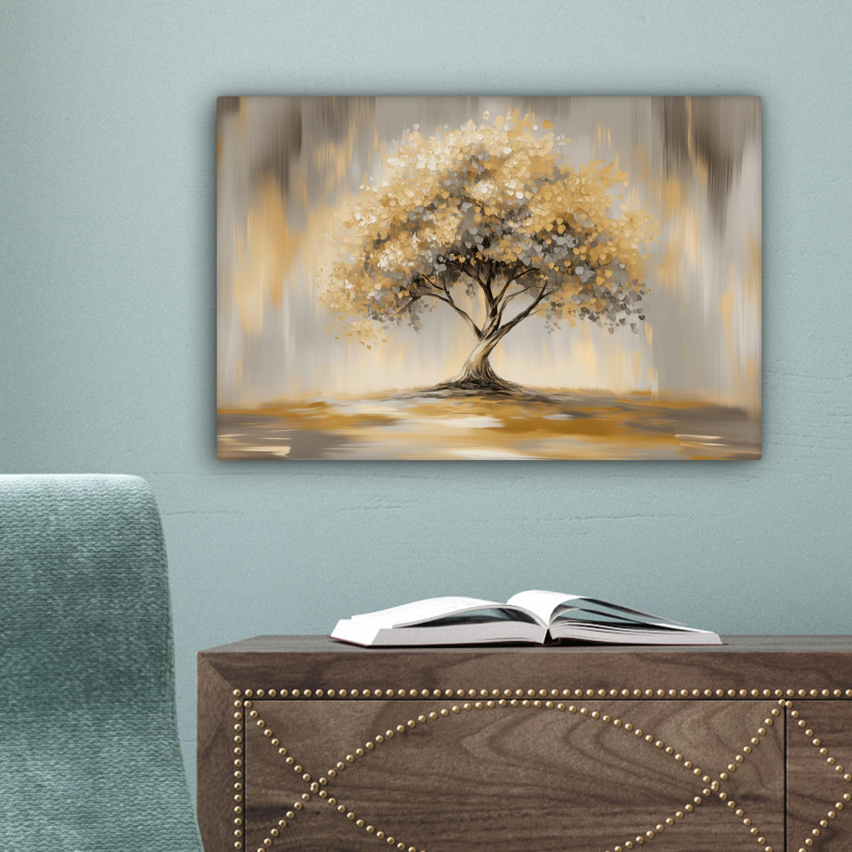 LEINWANDBILD Gemälde - Baum - Abstrakt - Blätter Deko Schlafzimmer 30x20 cm - Beige, Textil (30/20cm) - MuchoWow