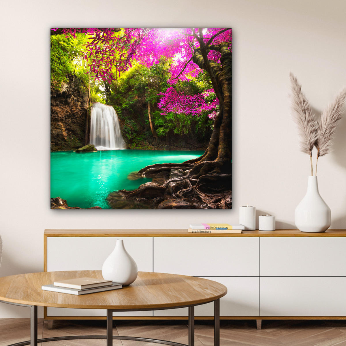 LEINWANDBILD Wasserfall mit bunten Blumen und Bäumen - Natur - Dschungel Deko Groß 90x90 cm - Waldgrün, Textil (90/90cm) - MuchoWow