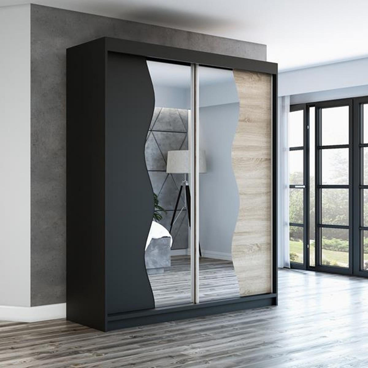SCHWEBETÜRENSCHRANK 180 CM RIMA Farbe: Schwarz / schwarz / sonoma - Schwarz/Braun, Holzwerkstoff (180/215/59.5cm) - A&J MöbelLand
