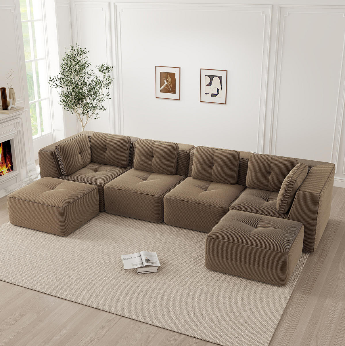 WOHNLANDSCHAFT 386/177/69 cm in Braun aus Cord mit modularem Design - Braun, Textil (177/69/386cm) - Flora Grace