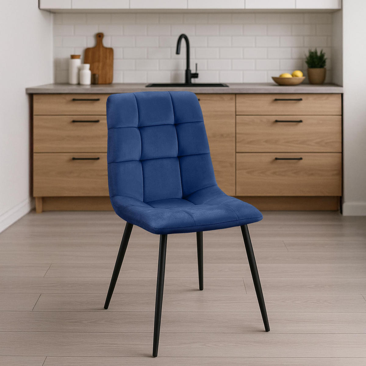 STUHL 4er Set Samt Blau - Blau/Schwarz, Textil/Metall (45/84/55cm) - CLP