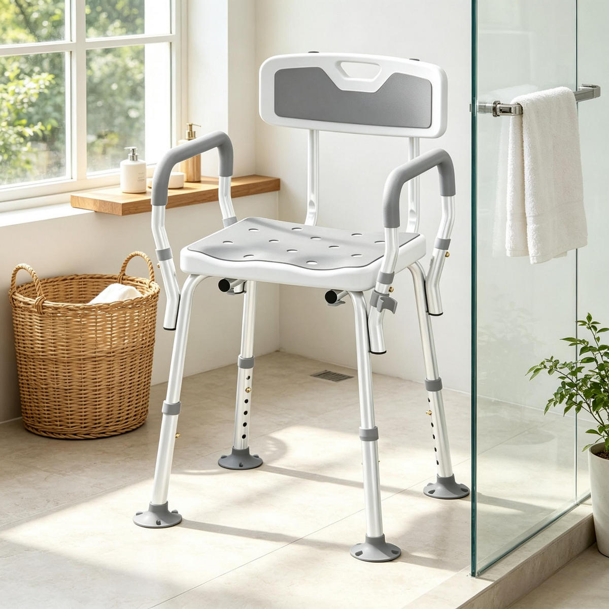 DUSCHSTUHL höhenverstellbar mit Rutschschutz, DE-42180, Weiß/Hellgrau - Grau, Kunststoff/Metall (53.5/74/56.5cm) - ComfortXL