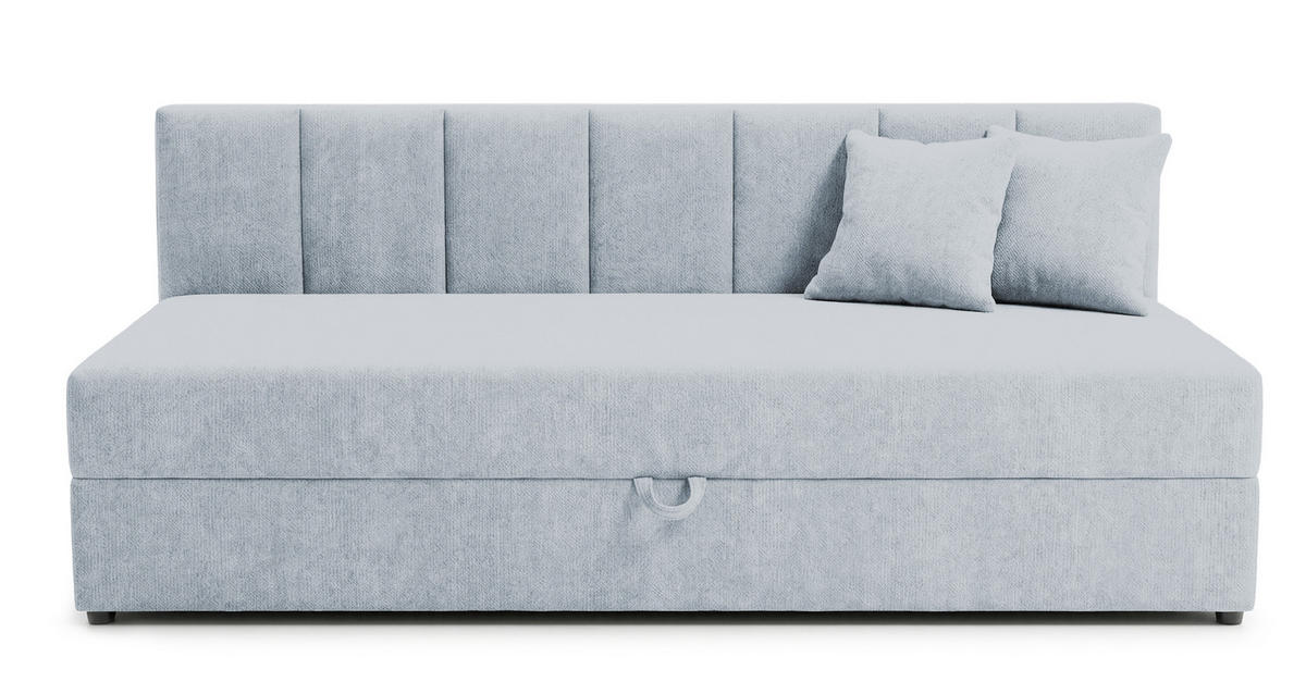 TAGESBETT Lenny mit Rückenlehne und großem Bettkasten aus Hellblau Chenille-Stoff - Schwarz/Hellblau, Holz/Kunststoff (90/200cm) - S-Style Möbel