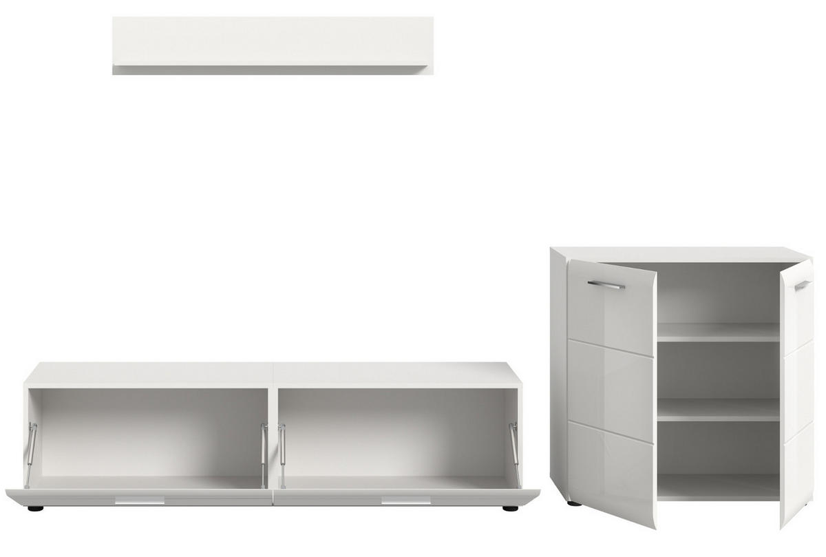 WOHNWAND weiß Hochglanz 3-teilig 255 cm, Schrankwand modernes Design - Weiß Hochglanz/Silberfarben, Glas/Holzwerkstoff (255/160/41cm) - Inn.Furn