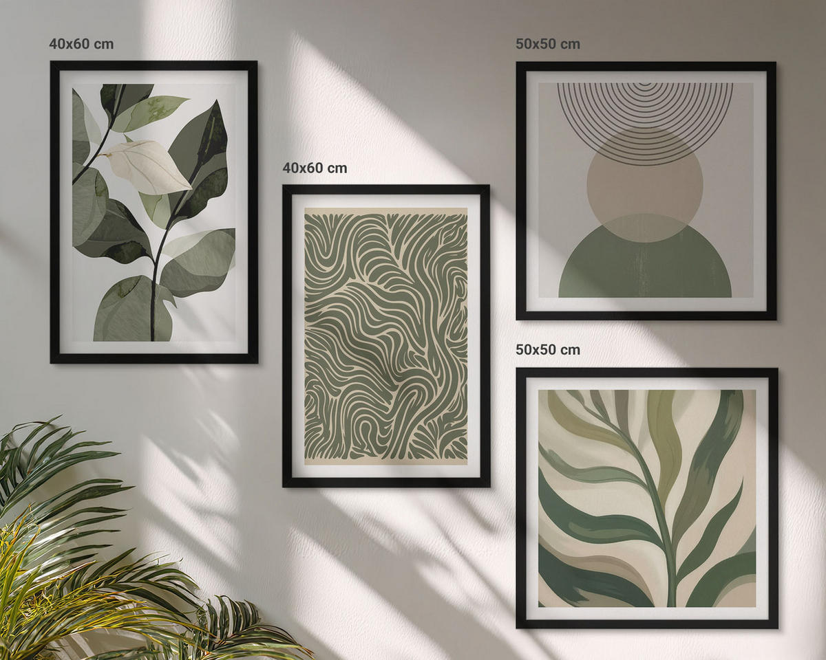 BILDER SET 4er Set - 50x50 cm & 40x60 cm Schwarzer Rahmen - Blätter geometrische Formen abstrakt - Schwarz, Kunststoff (50/50cm) - TULUP