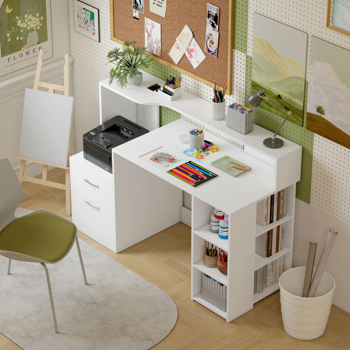 SCHREIBTISCH DE-14903 2 Schubladen, Druckerablage & offene Fächer Weiß - Weiß, Holzwerkstoff (137/55/92cm) - ComfortXL