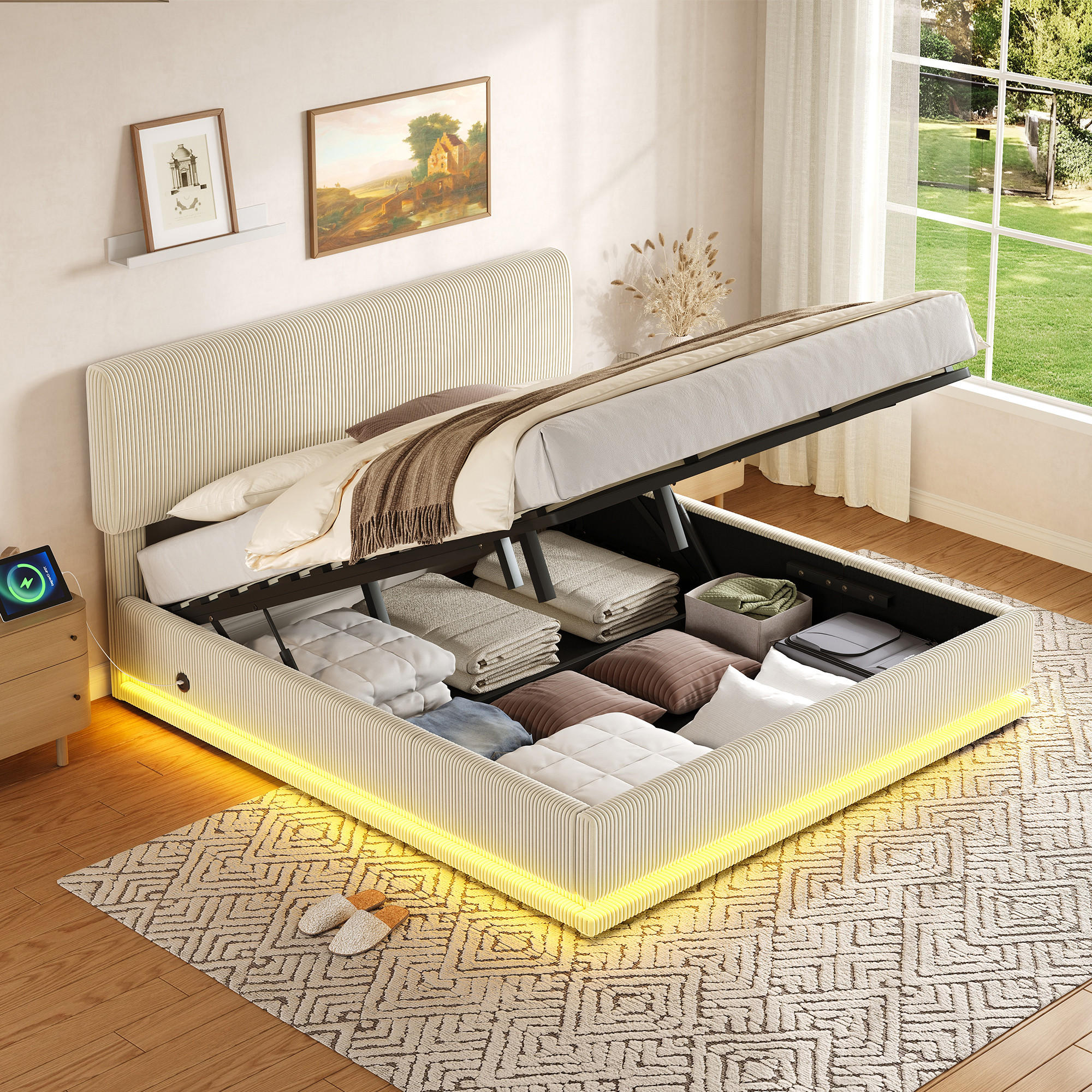 POLSTERBETT 180x200 cm LED USB Stauraum beige - Beige, Textil (180/200cm) - Fortuna Lai