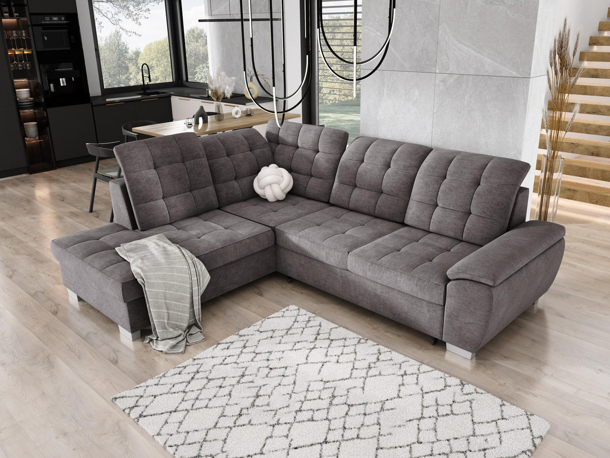 ECKSOFA LOTTA L-förmig Bettkasten verstellbare Kopfstützen hochwertige Verarbeitung lose Rückenkissen freistehend LINKS 212x258x106 cm Light Grey - Hellgrau, Holz/Textil (212/258cm) - DomoHome
