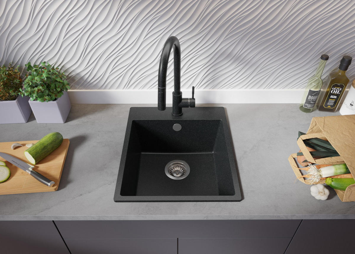 SPÜLBECKEN Riga, 2-er set Anthrazit 43/50 cm 1 Becken + Ablauf-Set ab 45er Unterschrank - Chromfarben/Anthrazit, Kunststoff (43/20/50cm) - Primagran