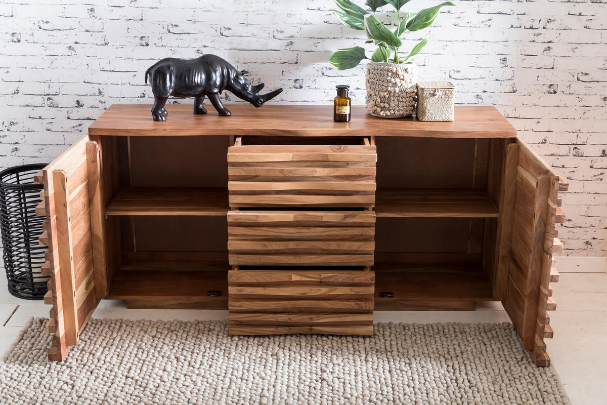 SIDEBOARD – Akazie Massivholz, 160x75x43 cm, mit Baumkante, Landhausstil - Braun, Akazienholz/Holz (160/75/43cm) - KADIMA DESIGN