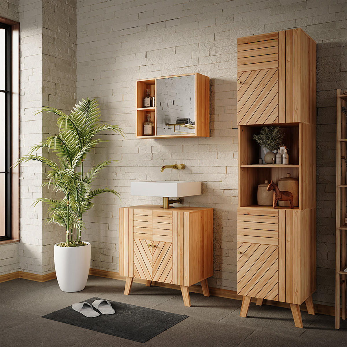 BADSCHRANK Lucie Bambus 40 x 177 cm mit 2 Türen - Grün, Holzwerkstoff (40/177/36cm) - Vicco