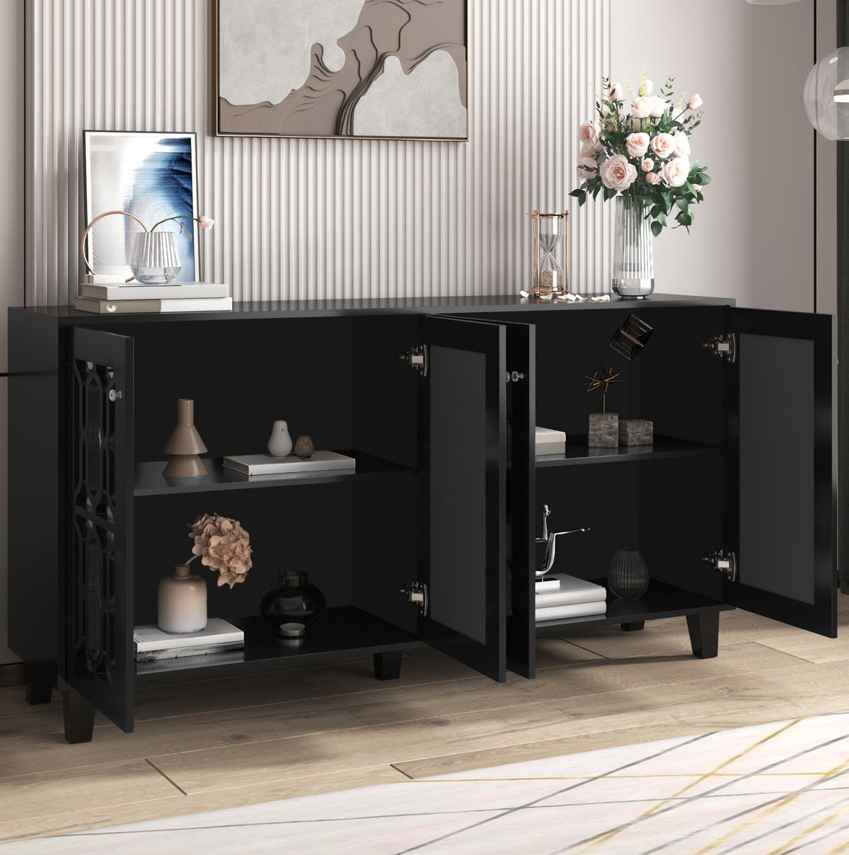 SIDEBOARD 4-türig 160 x 40 x 84 cm MDF Schwarz - Schwarz, Holzwerkstoff (160/84/40cm) - Meubliv