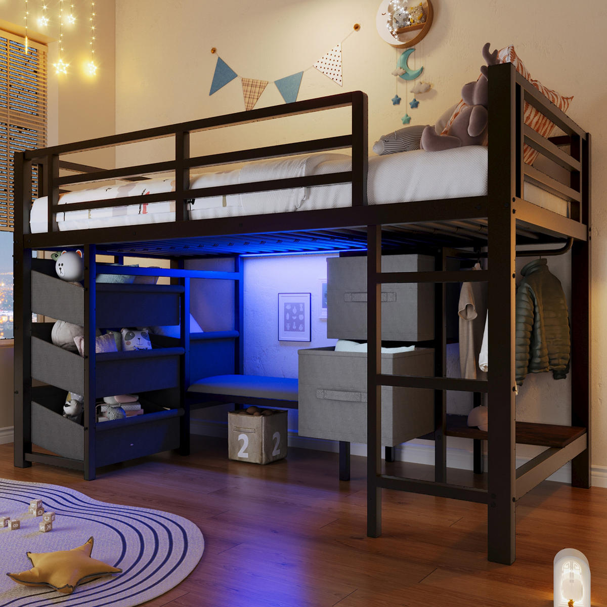 HALBHOHES BETT 90x200cm Schwarz Metall LED-Licht Sitzkissen - Schwarz, Metall (90/200cm) - FLIEKS