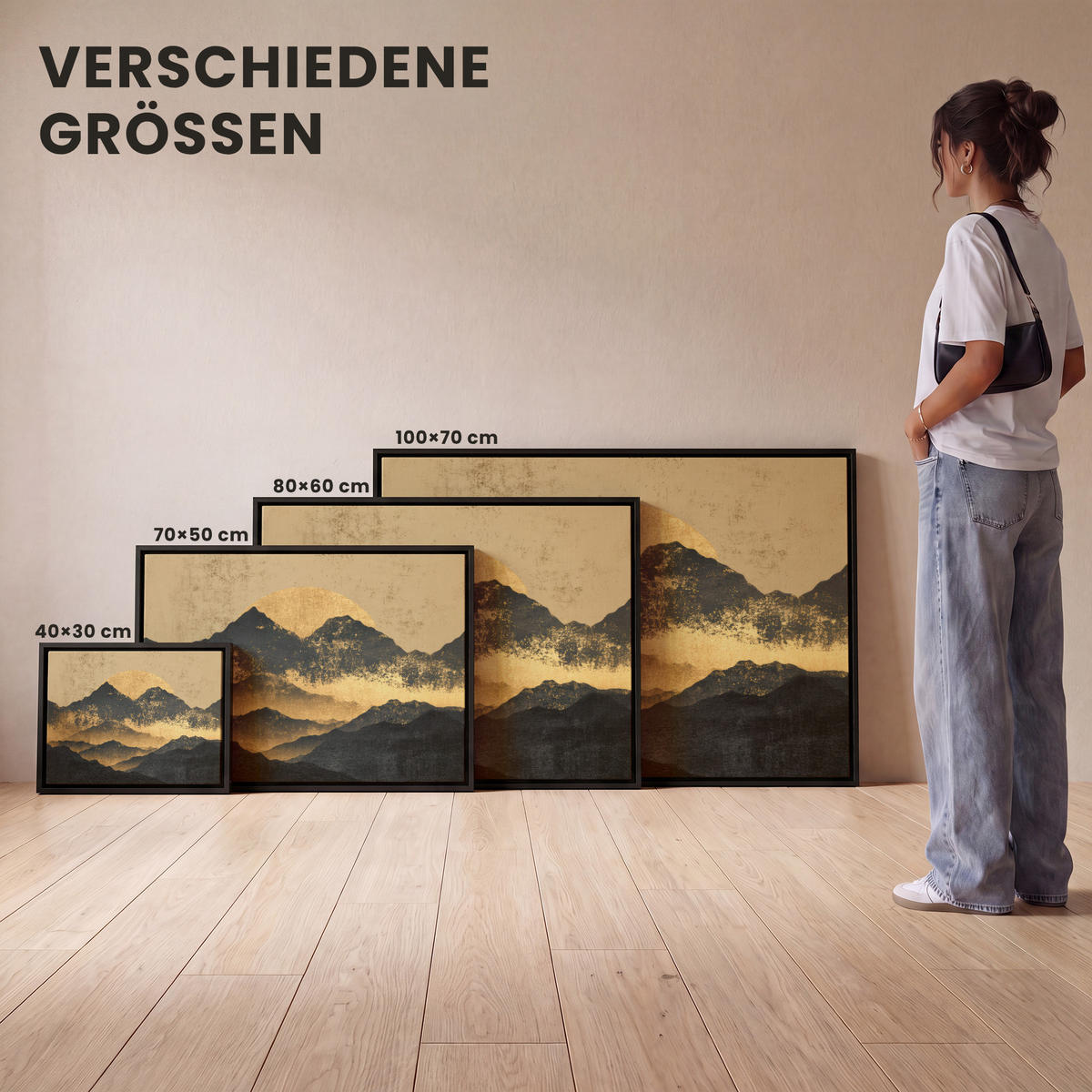 LEINWAND Bilder mit Rahmen - Goldene Berge bei Mondschein - 40x30 - Goldfarben, Textil (40/30cm) - MuchoWow
