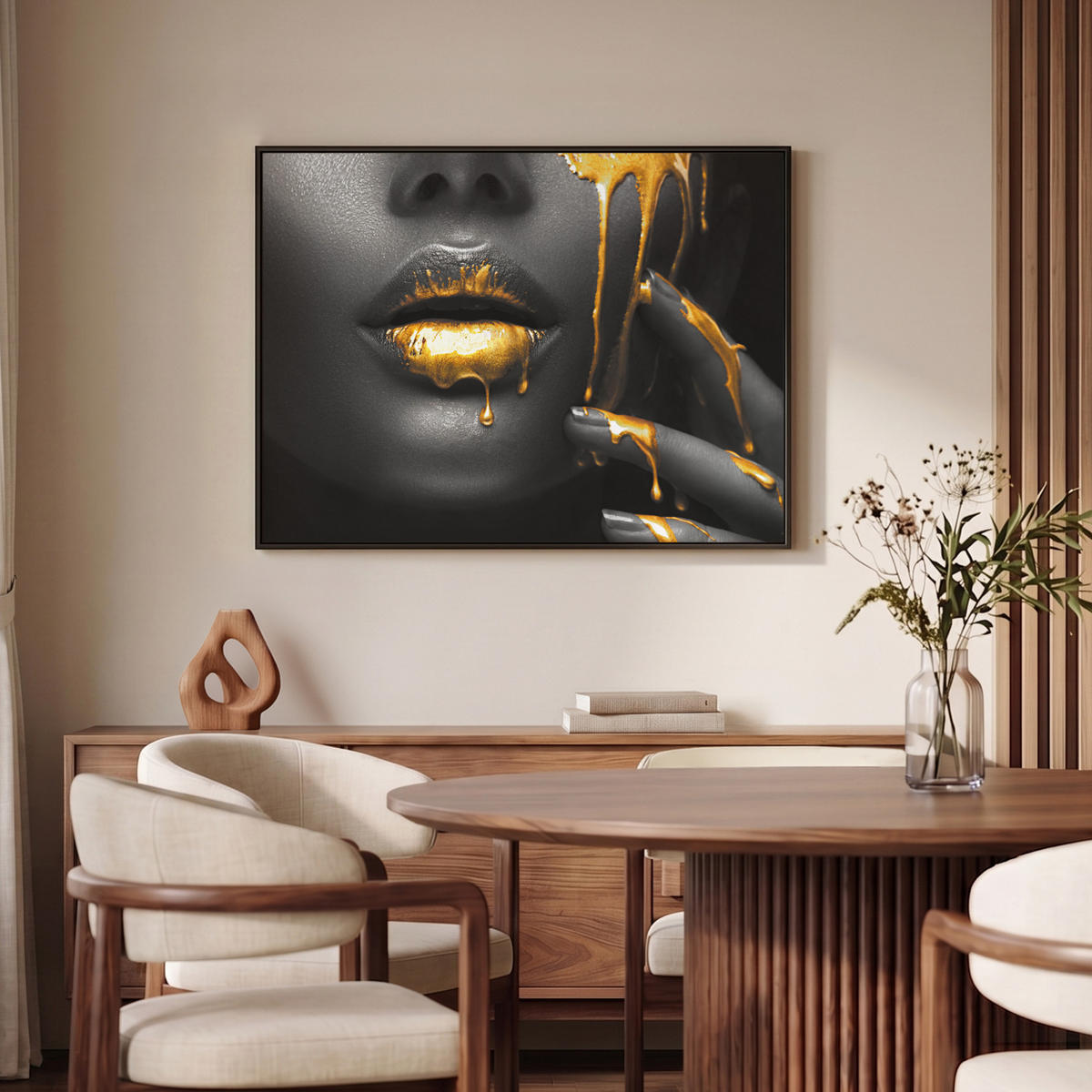 LEINWAND Bilder mit Rahmen - Frau - Schwarz - Gold - Gesicht - Lippen - 100x70 - Goldfarben, Textil (100/70cm) - MuchoWow