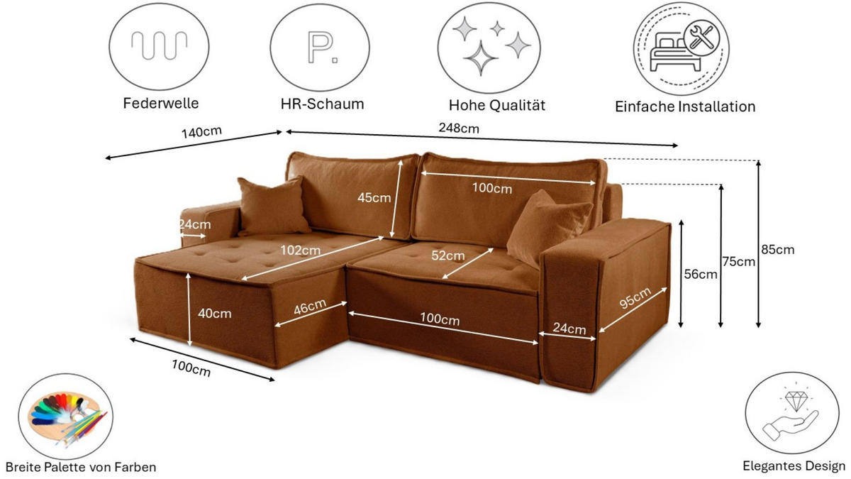 ECKSOFA Bohoo Mit Schlaffunktion Ziegel Links - Kupferfarben, Holz (140/248cm) - Kaiser Möbel