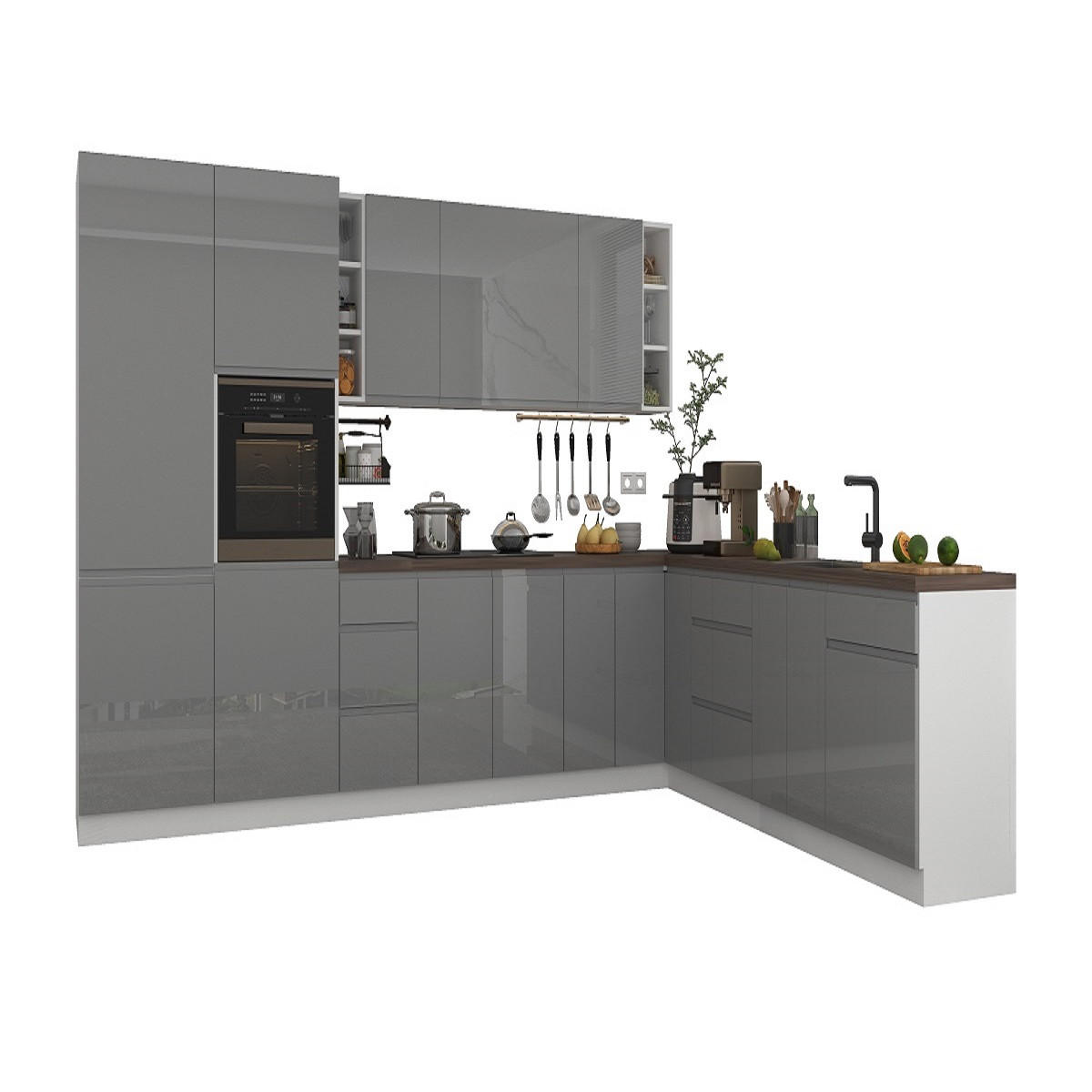 ECKKÜCHE 350 x 260 cm – Aspen KA4-M360 - in Grau/Hochglanz - Grau, Holz (610/212/58cm)