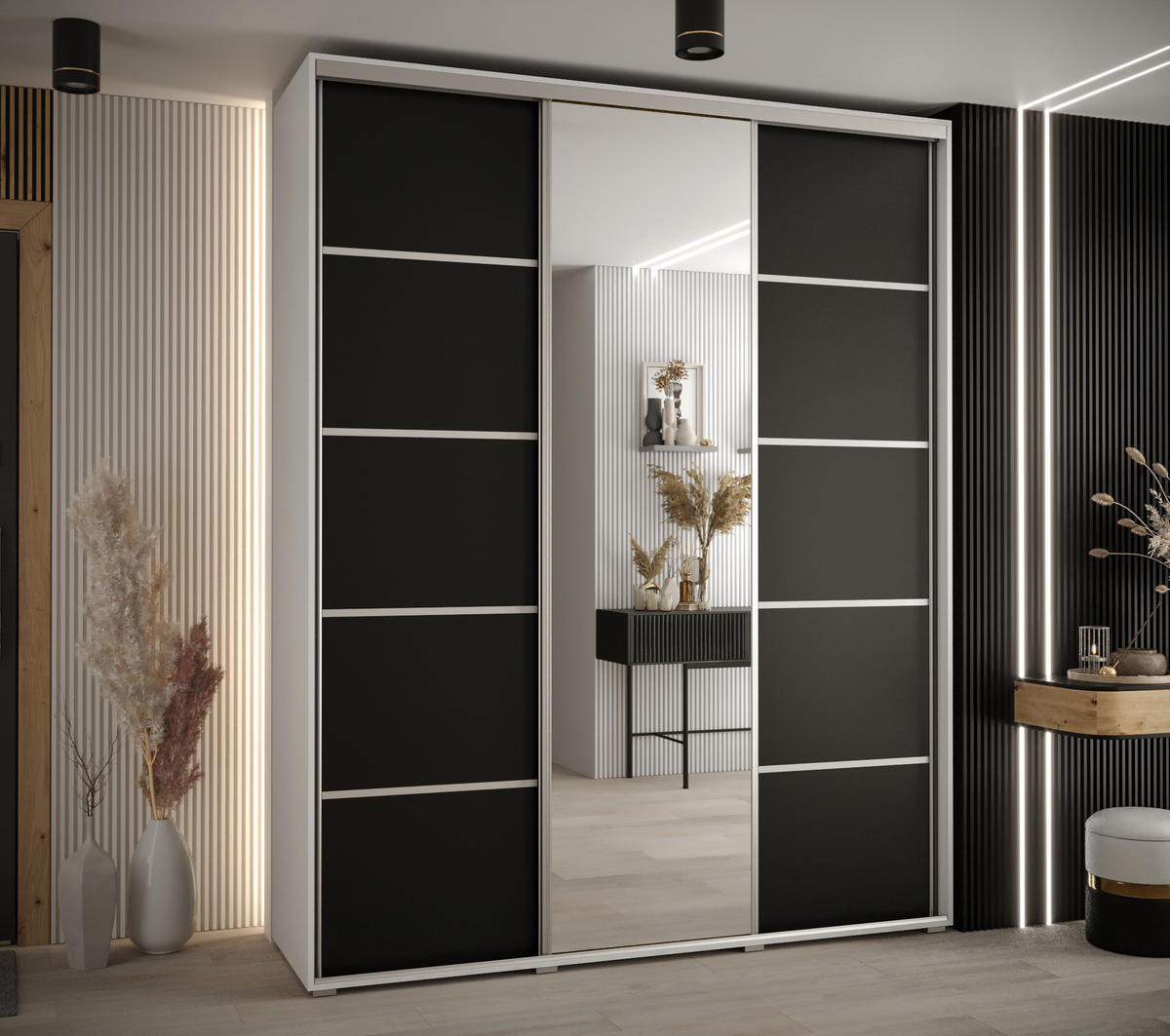 SCHWEBETÜRENSCHRANK 235,2/200/60 3-türig - Silberfarben/Schwarz, Holz/Metall (200/235/60cm) - Abiks Möbel