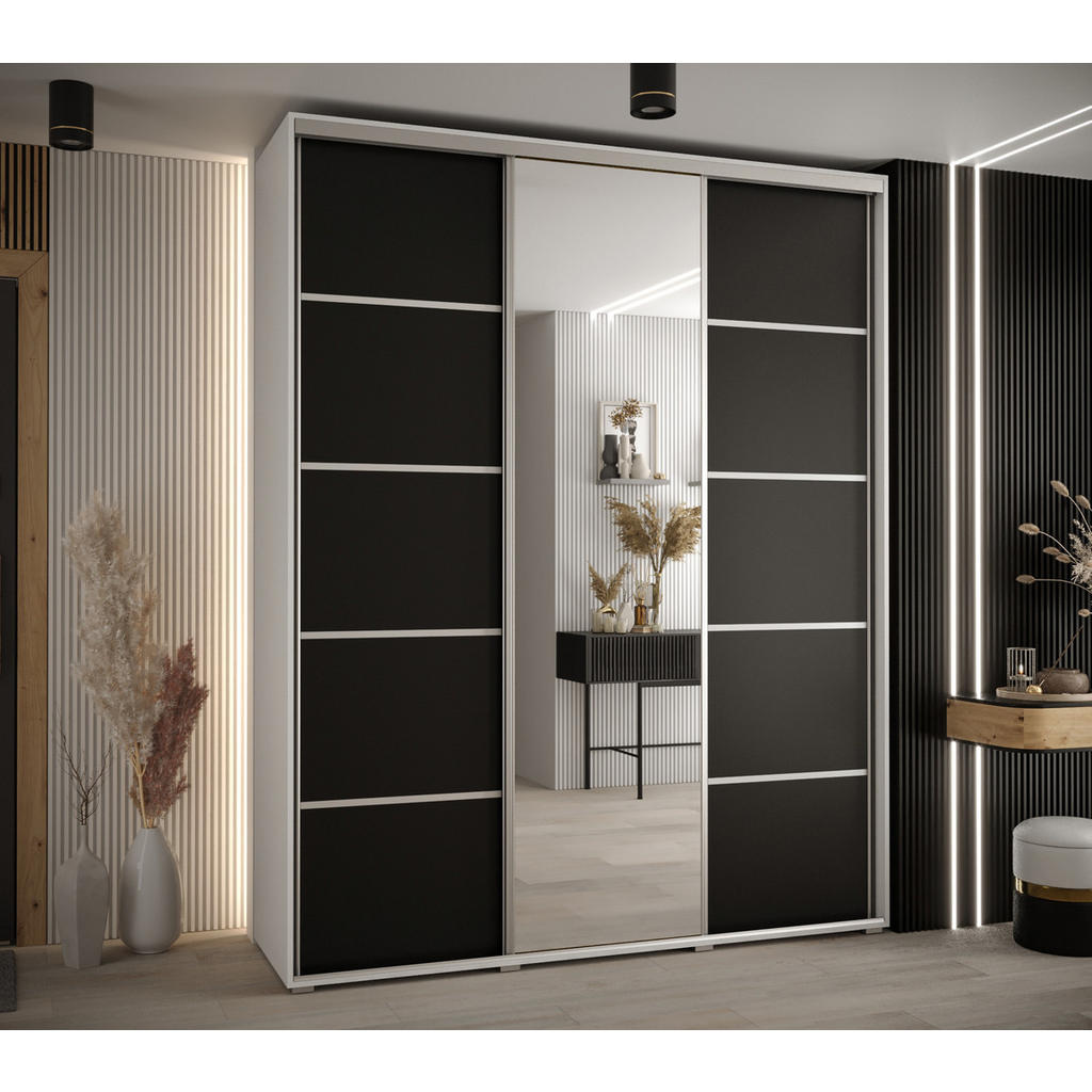 Thumbnail - Abiks Möbel Schwebetürenschrank, Weiß, Schwarz, Silber, Metall, Nachbildung, 10 Fächer, 190x235x60 cm, Schlafzimmer, Kle...