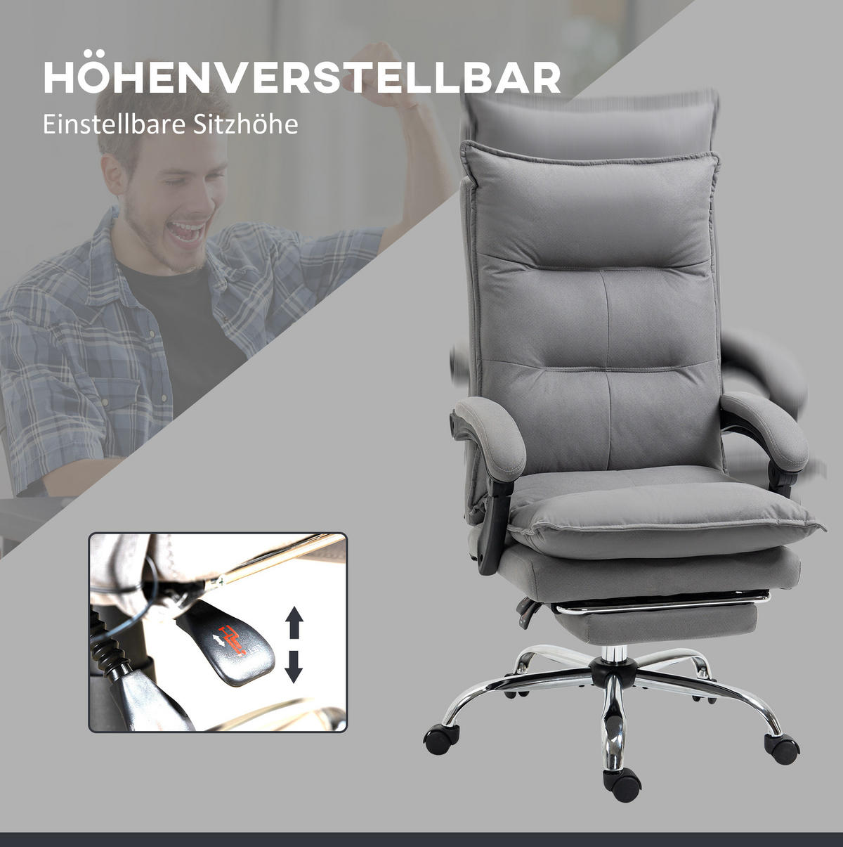 BÜROSTUHL in Grau 74x66x121,5 cm mit Massage- und Heizfunktion, neigbarer Rückenlehne und Fußstütze - Grau, Textil (66/121.5/74cm) - IVMEU