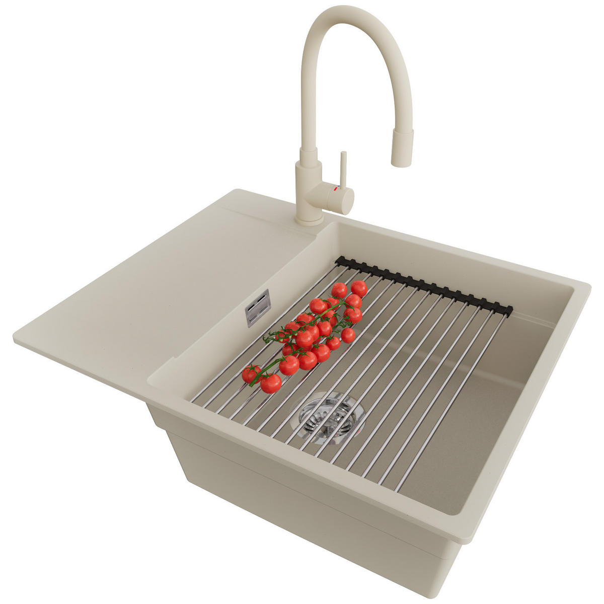 GRANITSPÜLE San Francisco, 2-er set Beige 62/50 cm 1 Becken + Küchenarmatur 38/14 cm + Ablauf-Set + Aufrollbare Abtropffläche ab 50er Unterschrank - Chromfarben/Beige, Kunststoff (62/20/50cm) - Primagran