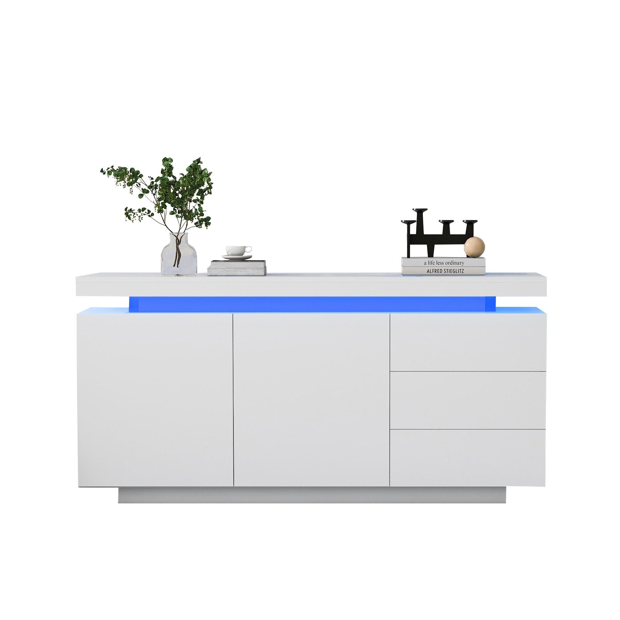 SIDEBOARD LED Weiß Hochglanz 2 Türen 3 Schubladen 140x35x72.5cm - Weiß, Holzwerkstoff (38/72/140cm) - FLIEKS