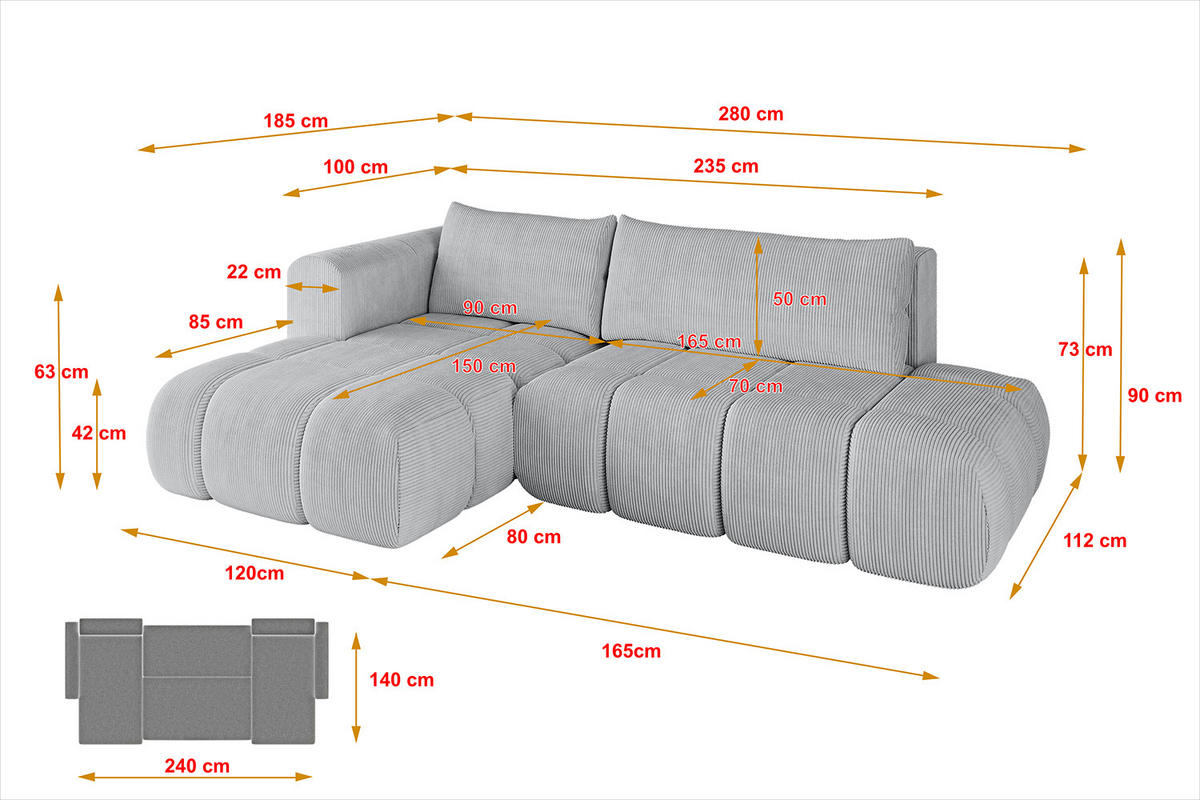 ECKSOFA Ottomane Links CLOUD-L 280x185x90 Grau Cord - Grau, Holzwerkstoff/Kunststoff (180/289cm) - ALTDECOR