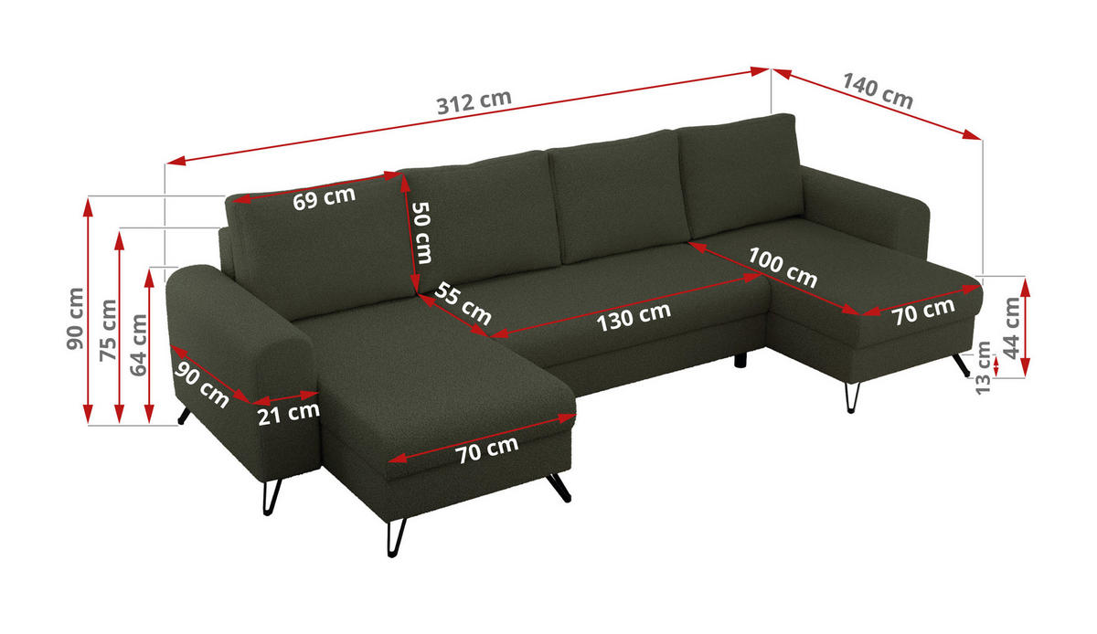 WOHNLANDSCHAFT AXEL U Boucle Grün - Schwarz/Grün, Textil/Metall (312/90/140cm) - MKS