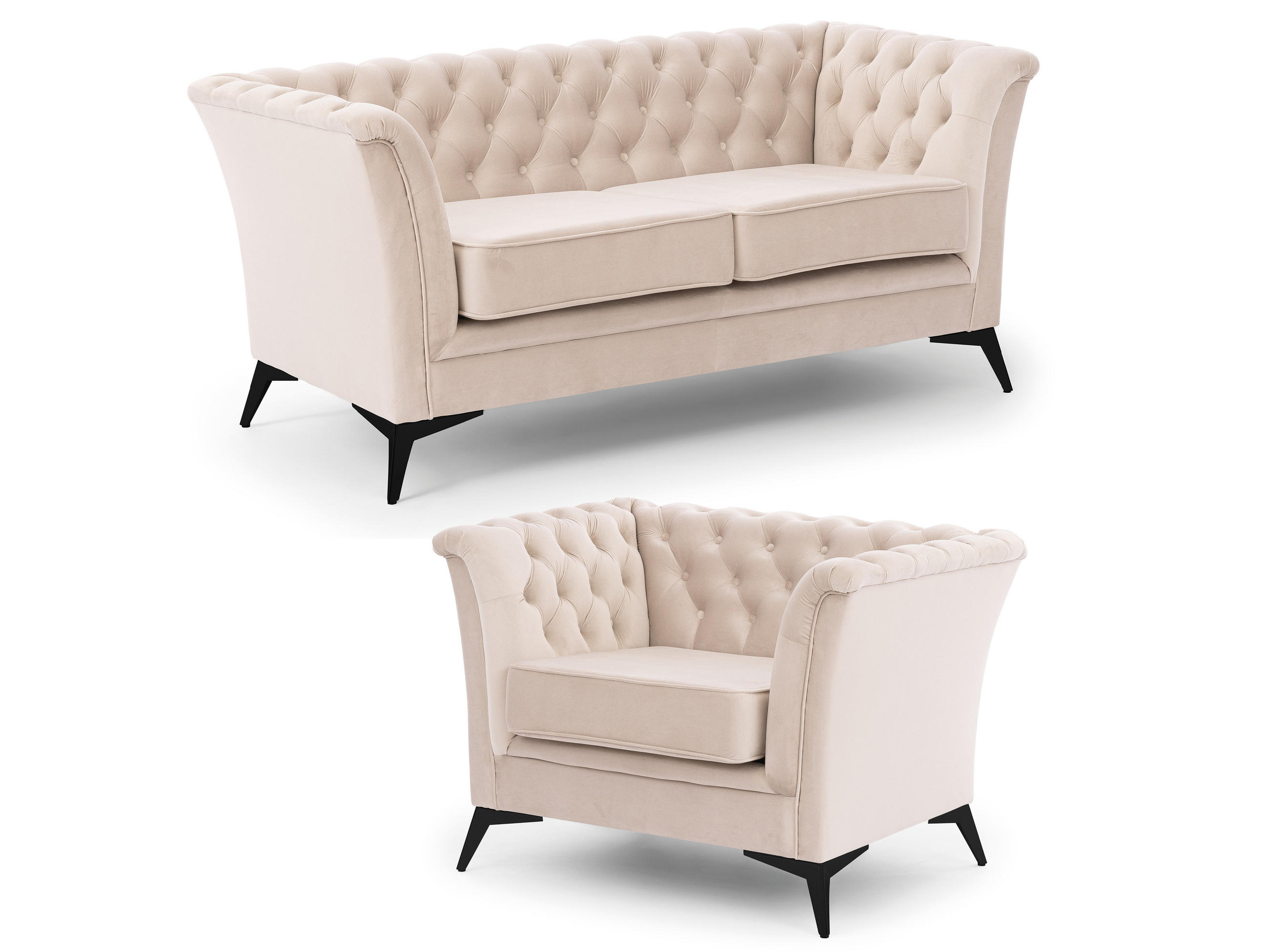 SITZGARNITUR 2+1 Chesterfield Whitby Beige Samt mit schwarzen Füßen - Beige/Schwarz, Holz/Textil (175/78/82cm) - S-Style Möbel