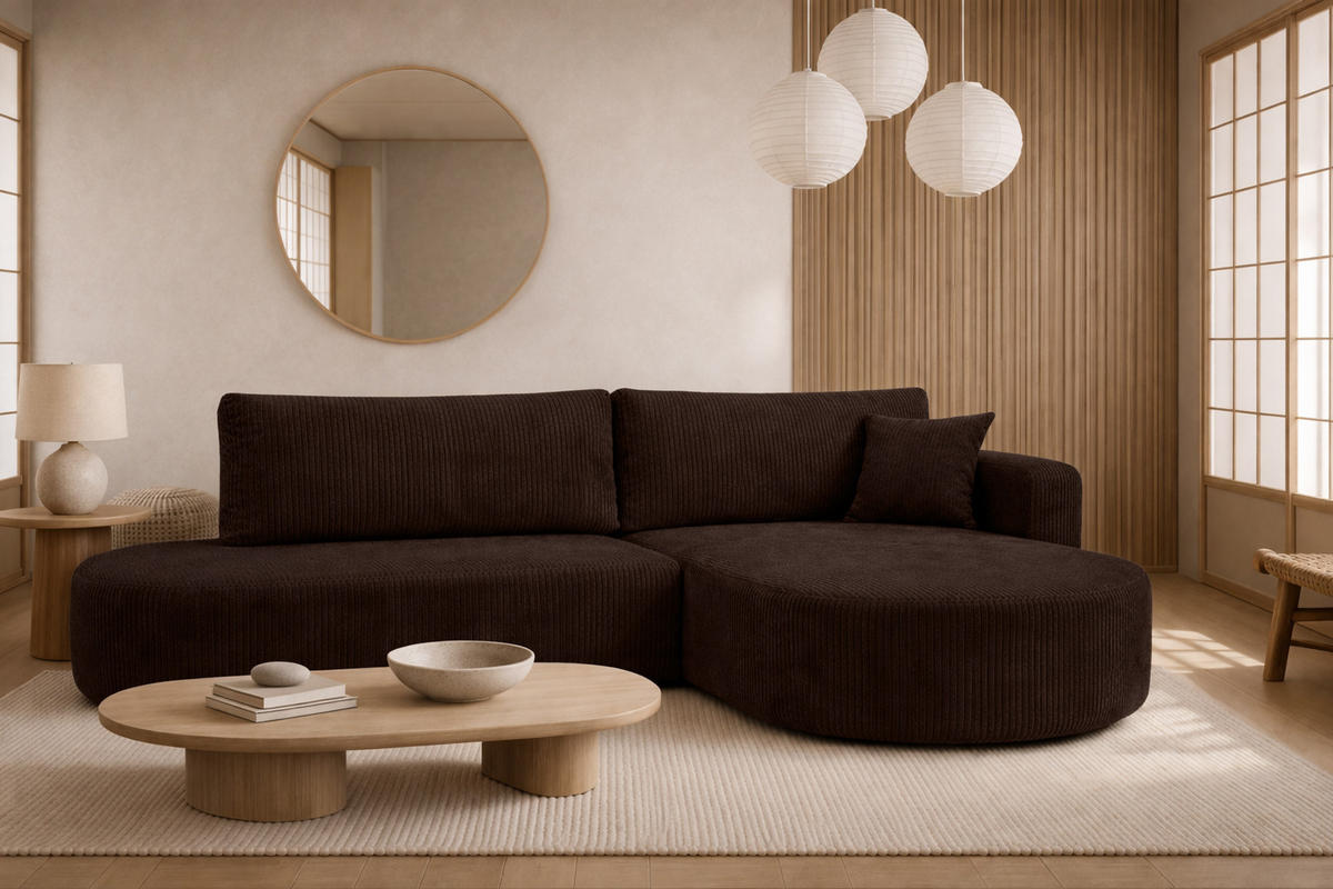 ECKSOFA Mit Schlaffunktion Und Bettkasten, Cordstoff Poso, Braun, Rechts, ROUND ONE OPEN XL - Braun, Holz (262/175cm) - Kaiser Möbel