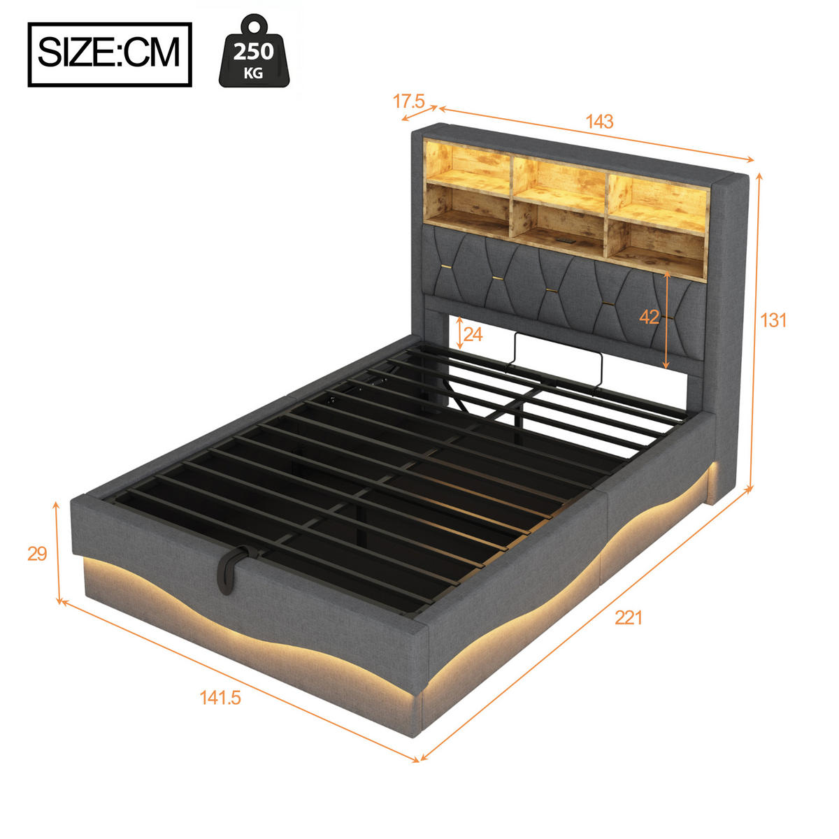 POLSTERBETT 140/200 cm Grau mit hydraulischem Stauraum und LED-Beleuchtung - Grau, Metall (140/200cm) - OKWISH