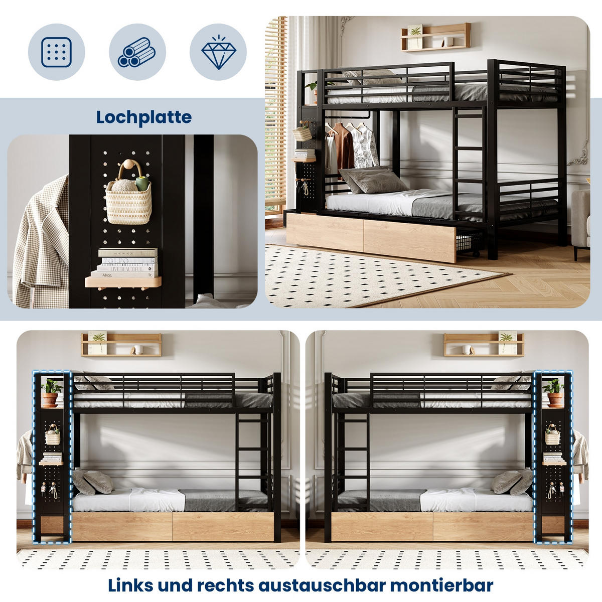 ETAGENBETT 90/200 cm Schwarz mit 4 Schubladen, LED-Lichtleiste und Kleiderstange - Schwarz, Metall (90/200cm) - Oxeza