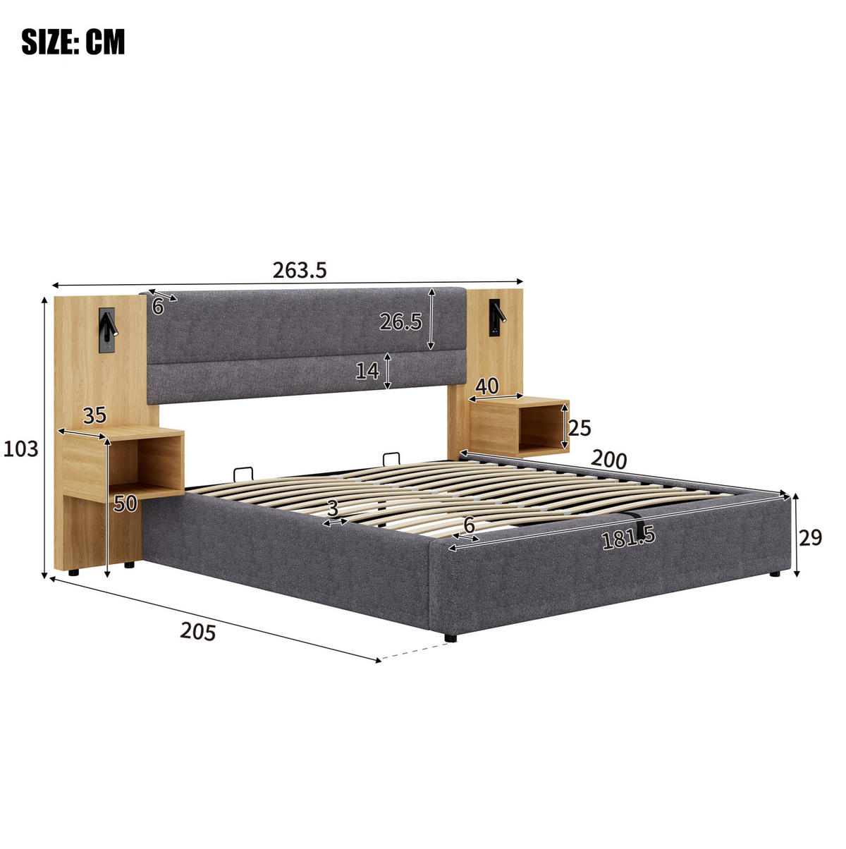 POLSTERBETT aus Samt 180x200 cm in Grau mit USB & LED - Grau, Textil (180/200cm) - Modfu